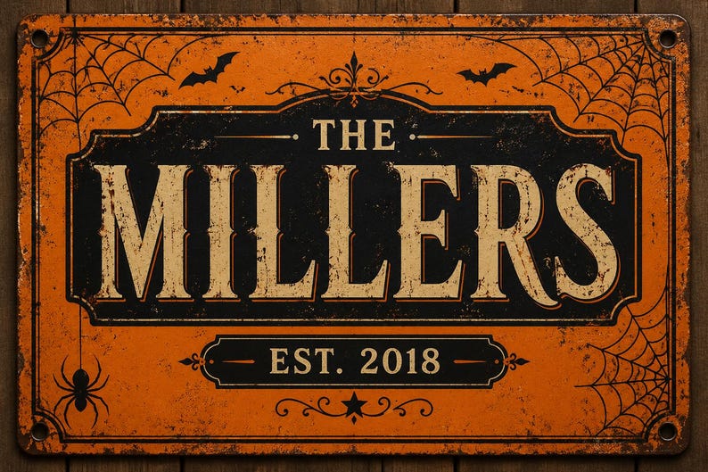 Custom Halloween Metal Sign – Personalized Family Name & Year, Vintage Pumpkin Porch Decor, Spooky Outdoor Housewarming Gift