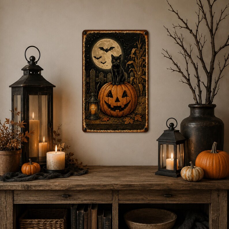 Halloween Black Cat Metal Sign – Vintage Pumpkin Wall Decor, Spooky Moon & Bat Porch Decor, Fall Outdoor Plaque (Copy)