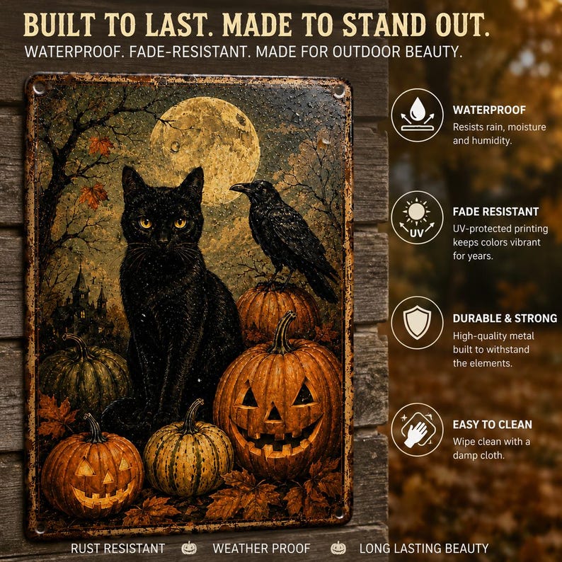 🌙 Moonlit Feline & Crow Metal Plaque, Rustic Autumn Jack O' Lantern Decor, Halloween Cat Wall Sign
