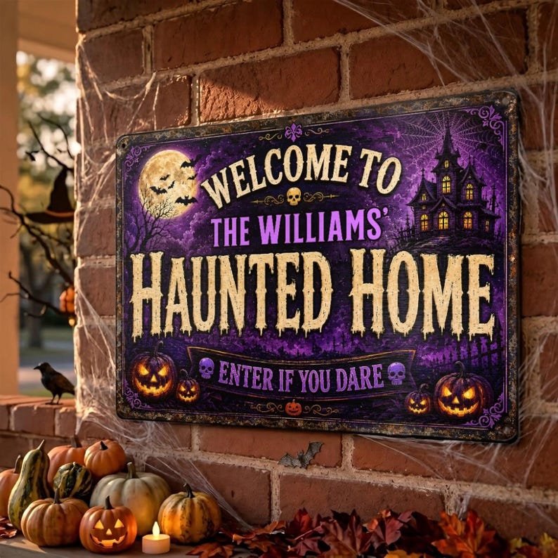 Personalized Welcome to Our Haunted Home Metal Sign – Custom Family Name Halloween Decor, Spooky Season Wall Art