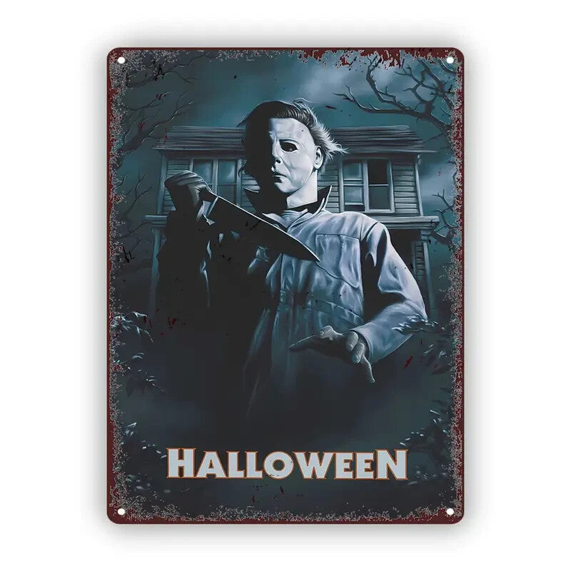 Halloween Horror Comic Metal Tin Sign, Slasher Movie Inspired Wall Art, Vintage Spooky House Decor, Horror Fan Gift, Gothic Halloween Plaque