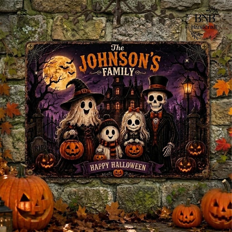 Personalized Halloween Family Metal Sign, Custom Family Name Halloween Decor, Spooky Ghost Skeleton Pumpkin Wall Art, Halloween Porch Sign, Family Gift