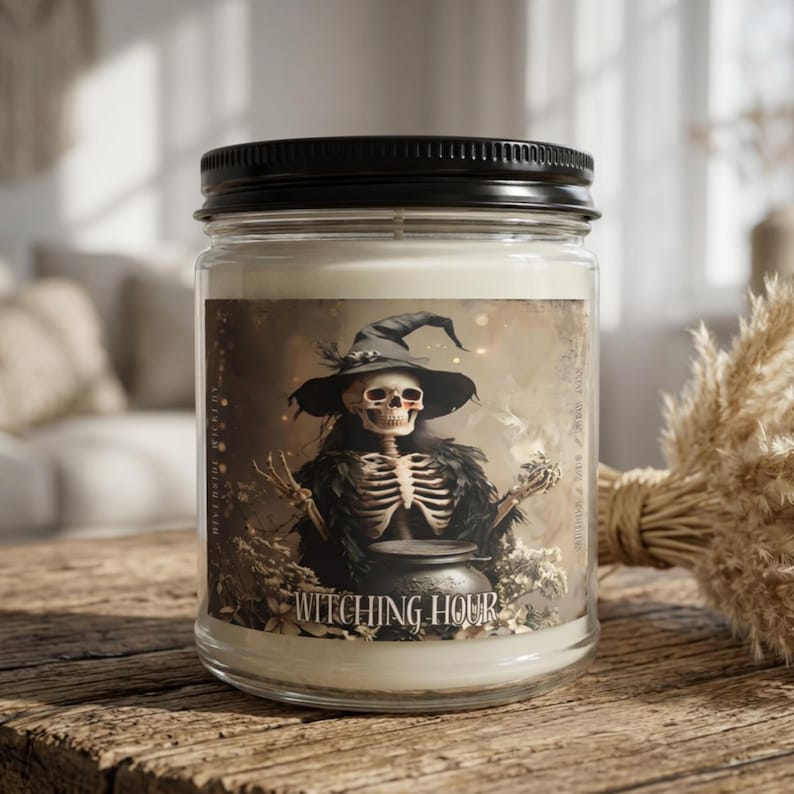 Witching Hour Skeleton Candle, Skeleton Witch Halloween Candle, Gothic Soy Wax Glass Jar Candle, Dark Academia Home Decor (Copy)