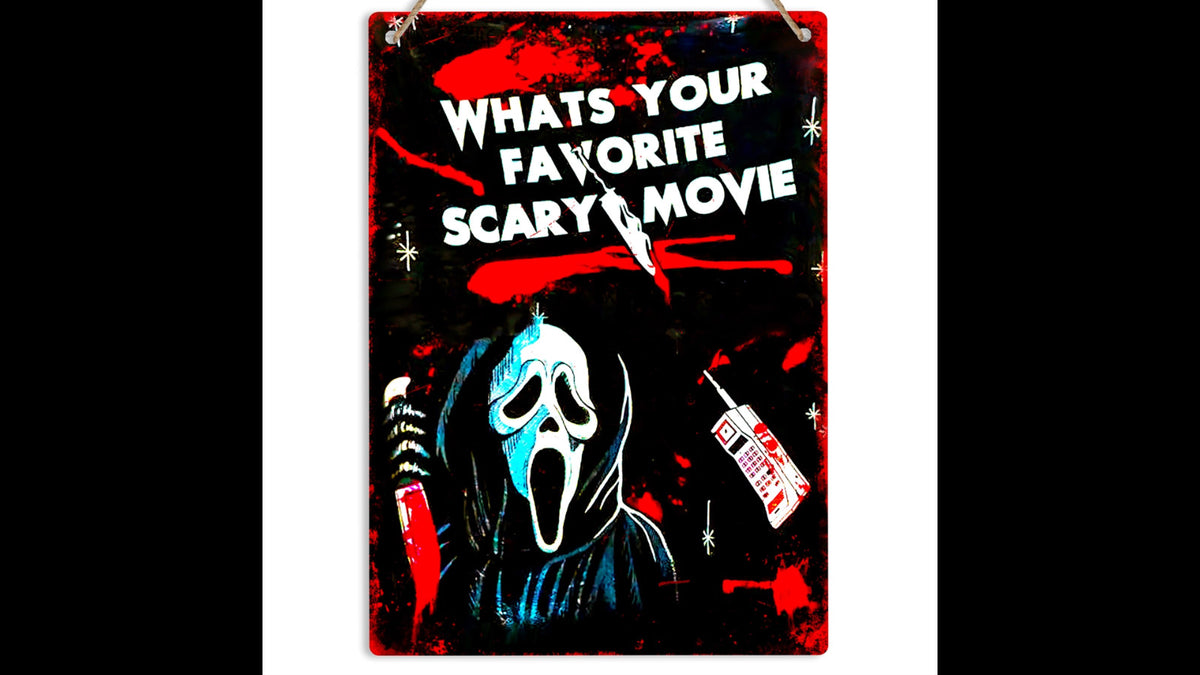 What’s Your Favorite Scary Movie Metal Tin Sign, Halloween Horror Wall Decor, Spooky Movie Quote Sign, Vintage Horror Room Decor, Halloween Gift