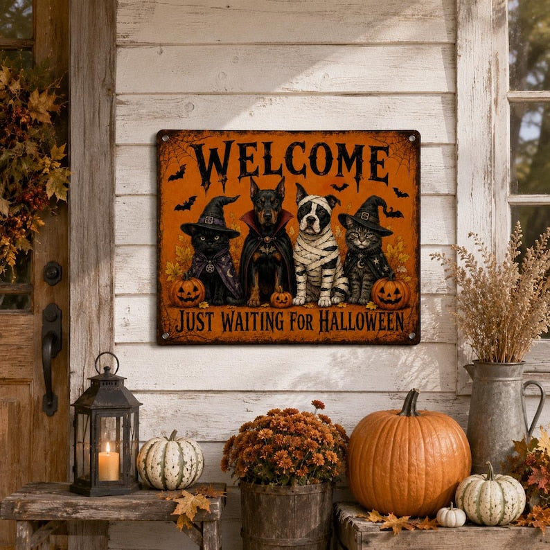 Halloween Pet Welcome Sign, Dog and Cat Halloween Metal Wall Decor, Spooky Farmhouse Porch Sign, Halloween Front Door Decoration, Pet Lover Gift