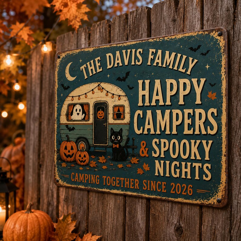 Personalized Halloween Family Metal Sign – Happy Campers Spooky Nights, Custom Family Name Decor, Funny Fall Wall Art