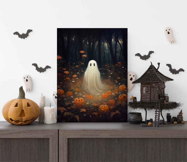 Halloween Ghost Metal Sign, Pumpkin Print Cottagecore Wall Decor, Spooky Fall Farmhouse Sign, Rustic Halloween Home Decoration