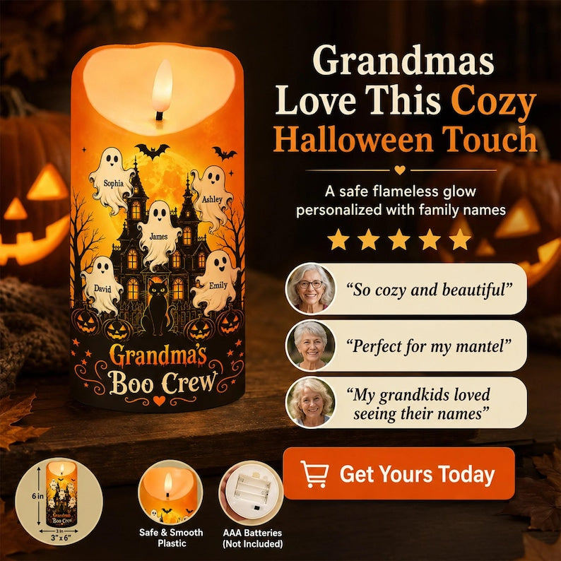 Personalized Grandma Boo Crew Halloween LED Candle, Grandkids Name Ghost Flameless Decor Gift