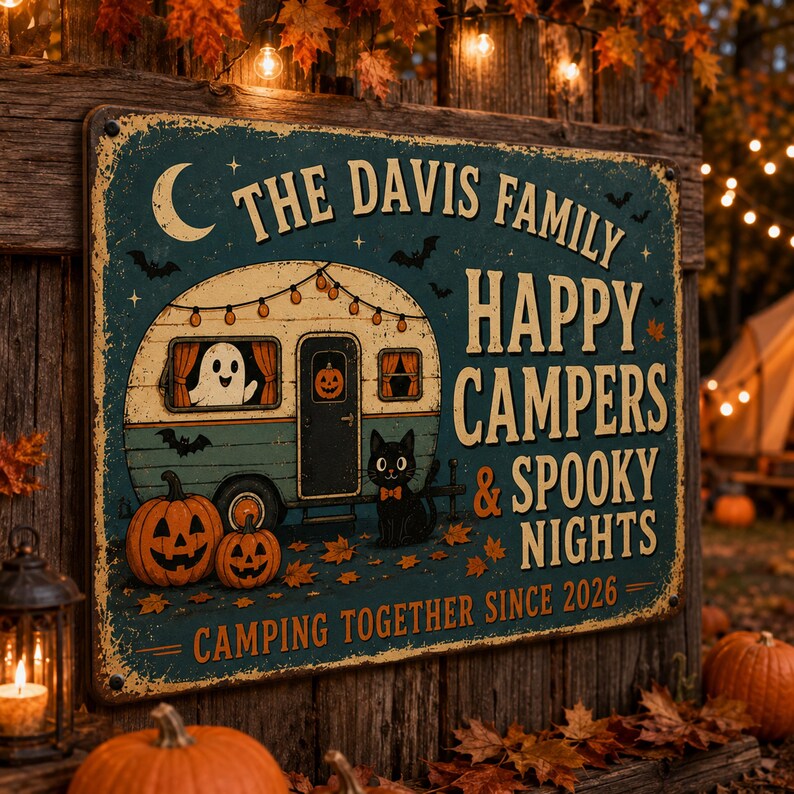 Personalized Halloween Family Metal Sign – Happy Campers Spooky Nights, Custom Family Name Decor, Funny Fall Wall Art
