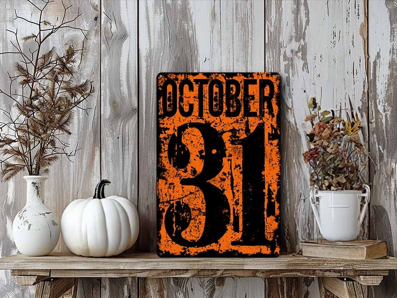 🎃 October 31 Halloween Metal Sign, Vintage Farmhouse Wall Decor, Distressed Rusted Halloween Door & Porch Sign