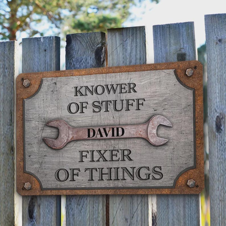 Personalized Knower of Stuff Fixer of Things Metal Sign – Custom Garage Decor, Handyman Workshop Sign, Dad Gift for Him