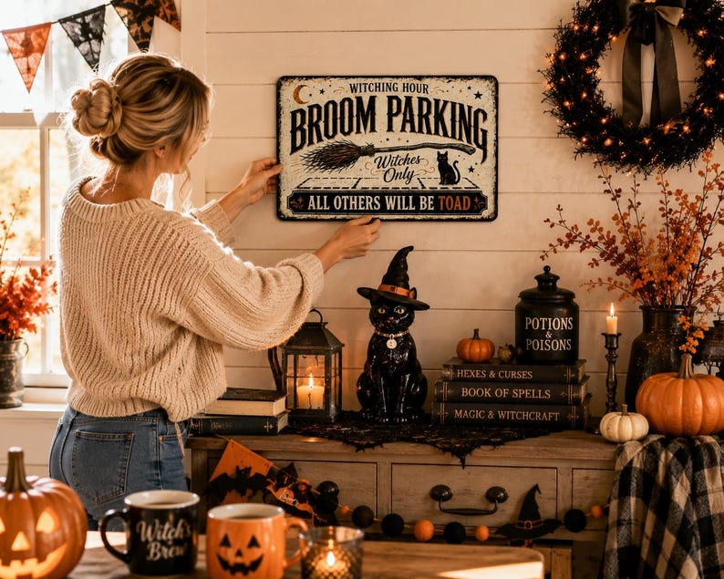 🧙‍♀️ Witch Parking Sign, Halloween Broom Decor, Gothic Farmhouse Metal Sign, Spooky Witch Wall Decor