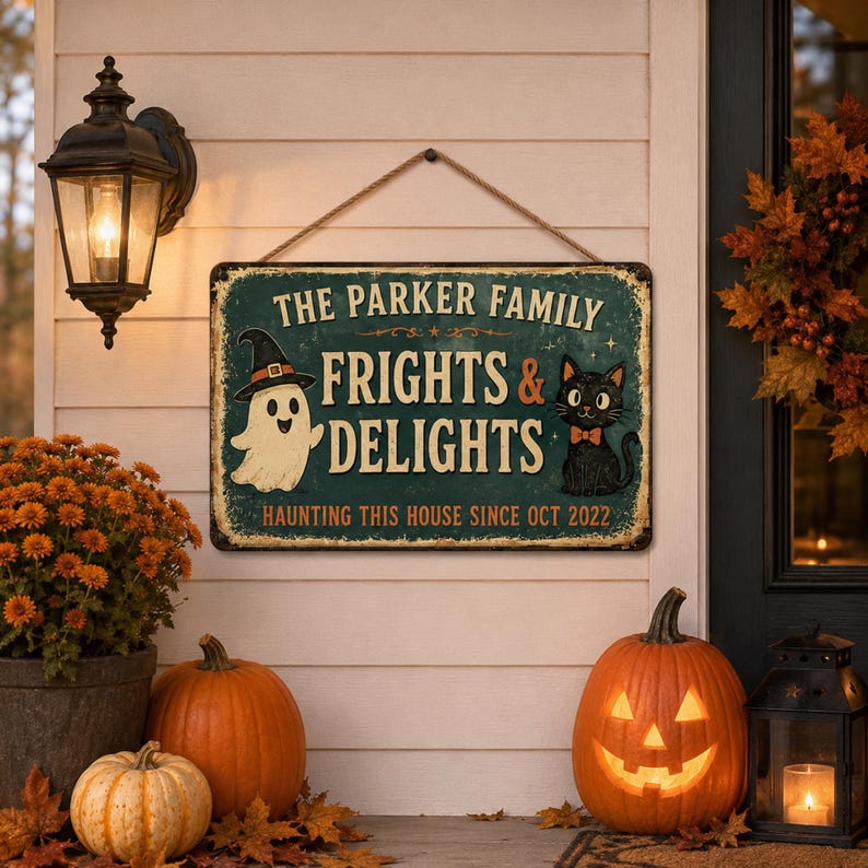 Personalized Frights & Delights Halloween Metal Sign – Custom Family Name, Ghost & Black Cat Decor, Spooky Wall Plaque
