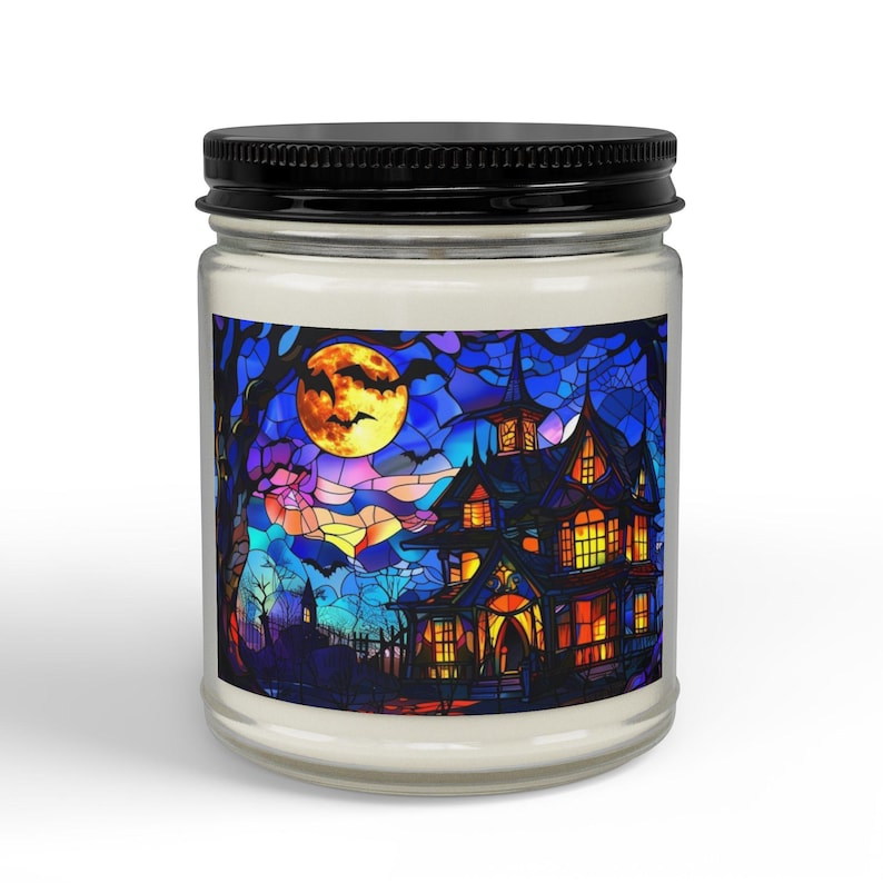 Stained Glass Haunted House Candle, Gothic Halloween Scented Candle, Spooky Haunted House Home Decor, Vintage Fall Gift