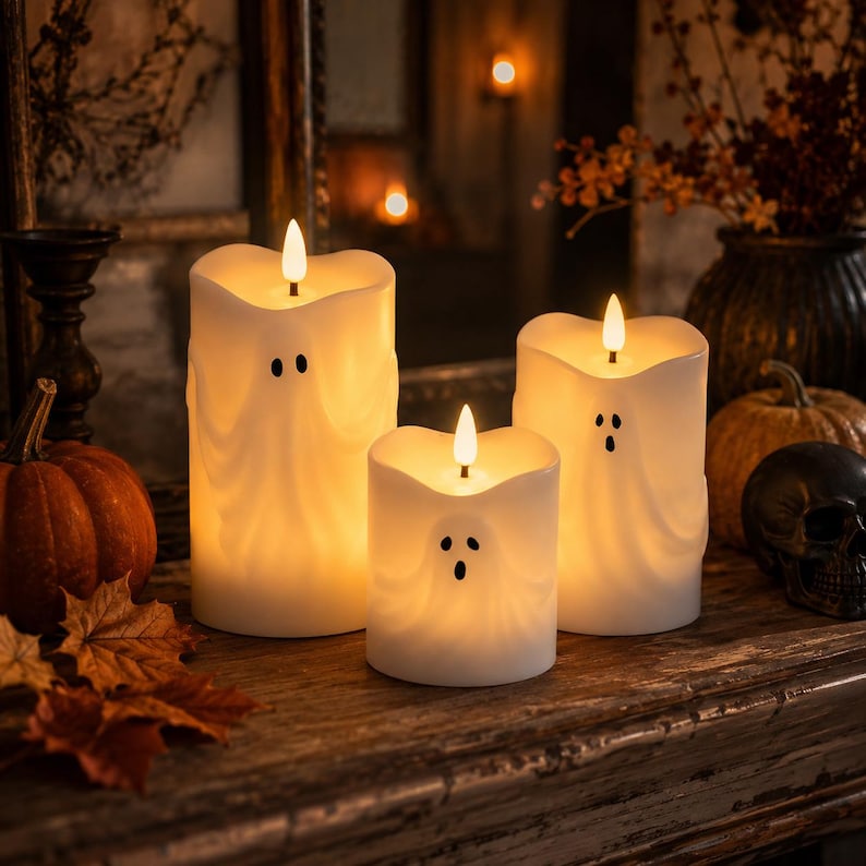 Ghost LED Candle, Halloween Flameless Candle with Remote & Timer, Spooky Table Decor, Pumpkin Fall Home Decoration