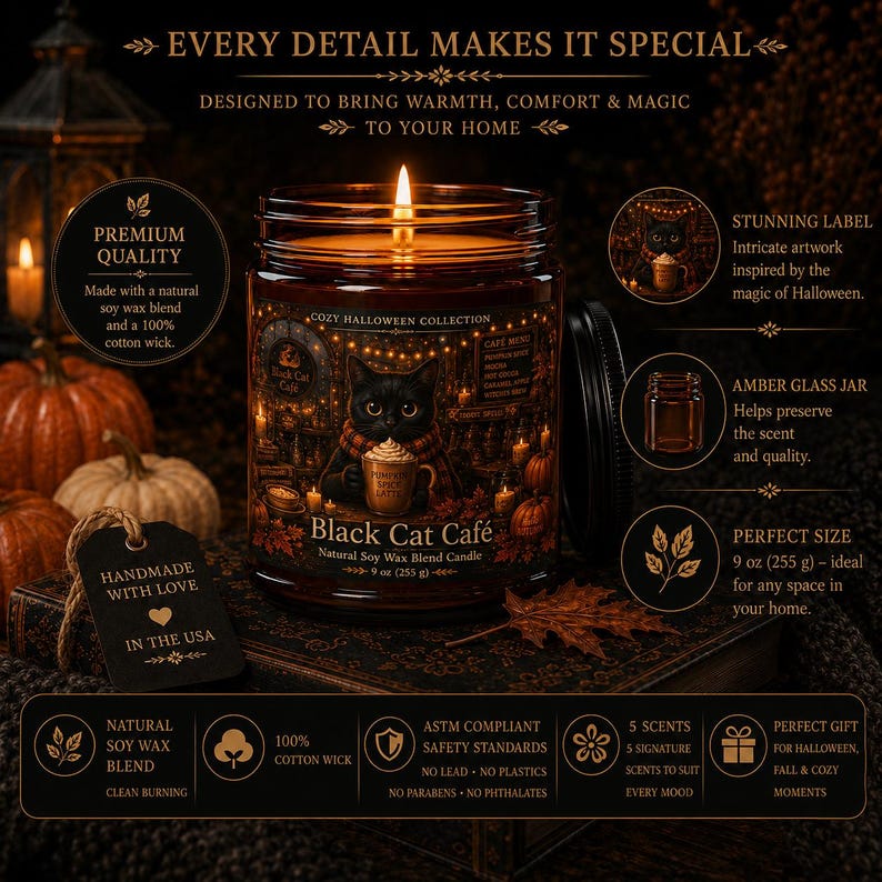 Black Cat Cafe Candle, Cozy Halloween Soy Wax Candle, Witchy Cat Kitchen Decor, Spooky Fall Home Decor, Feline Lover Gift, Halloween Gift