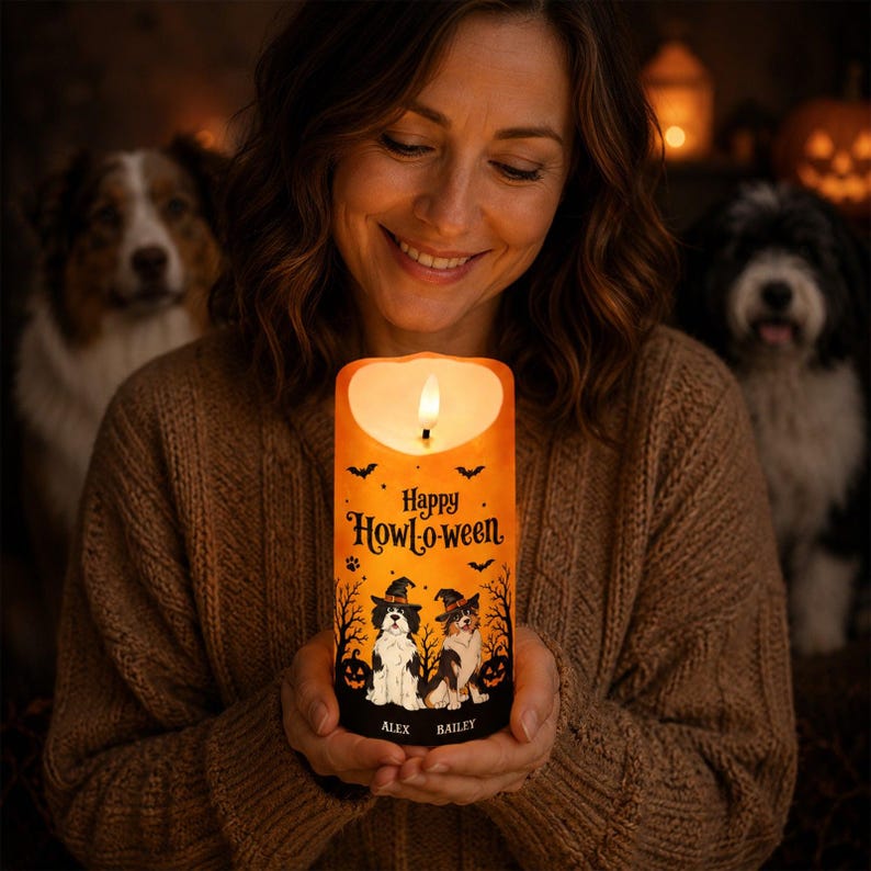 🐶🎃 Custom Happy Howl-o-ween Halloween Dog LED Candle 🕯️👻