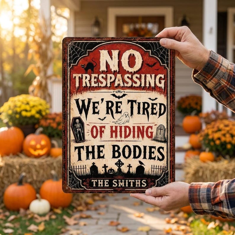 We’re Tired of Hiding the Bodies Custom Family Name Metal Sign – Funny Creepy Halloween Garden Decor, Spooky Family Plaque