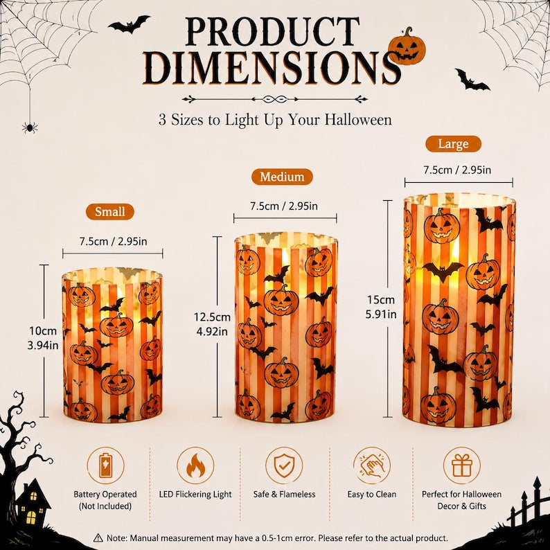 Halloween LED Pillar Candle, Flameless Pumpkin & Bat Candle, Vintage Orange Spooky Table Decor, Fall Home Decoration