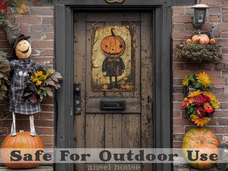 🎃 Primitive Pumpkinhead Halloween Metal Sign, Rustic Bow Tie Pumpkin Decor, Antique Cottagecore Wall & Mantel Art
