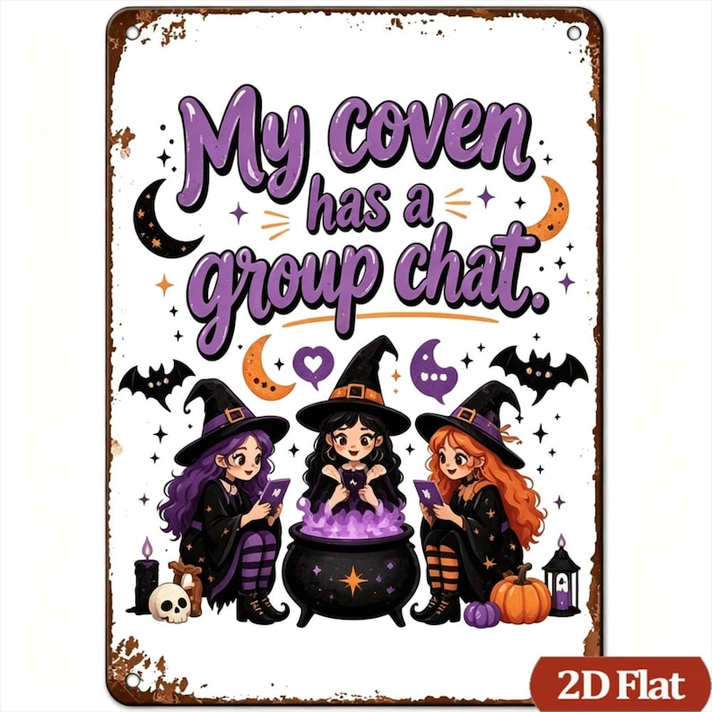 Funny Halloween Metal Sign, Vintage Witch Cauldron Wall Decor, Bat Moon Tin Sign, Gothic Witchy Halloween Wall Art, Spooky Home Decoration