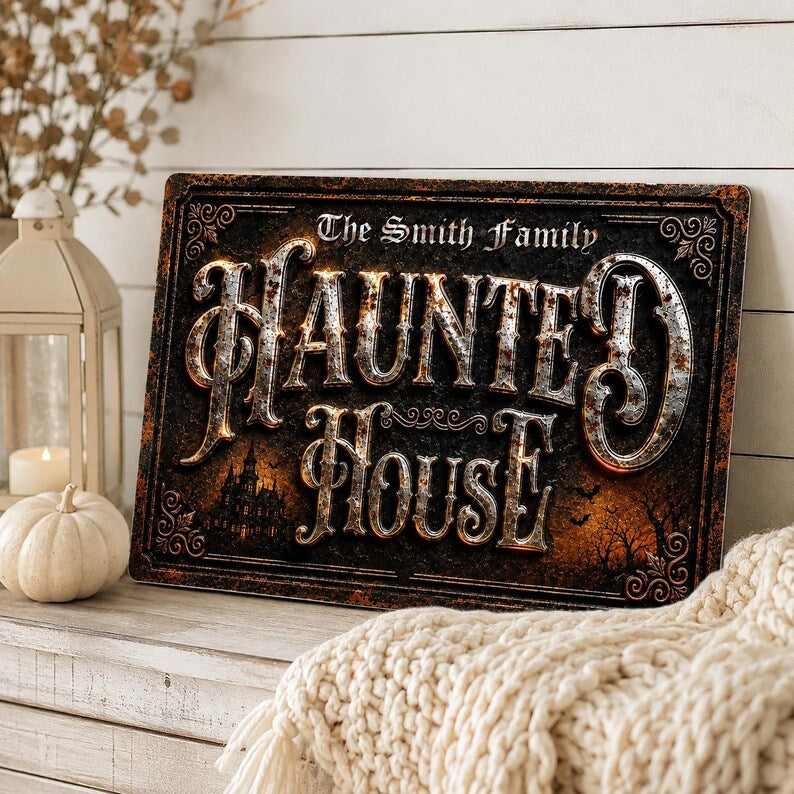 Personalized Haunted House Metal Sign | Custom Family Name Halloween Wall Decor