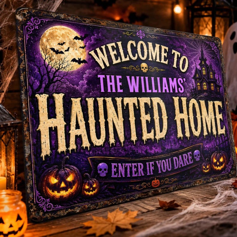 Personalized Welcome to Our Haunted Home Metal Sign – Custom Family Name Halloween Decor, Spooky Season Wall Art