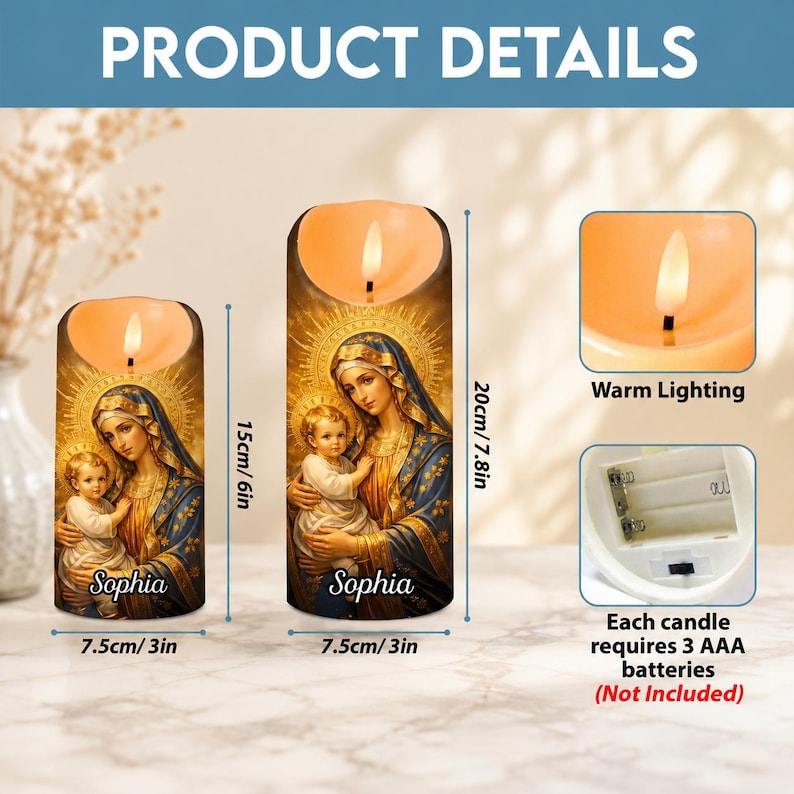 Personalized name Virgin Mary & Baby Jesus LED Candle, Catholic Flameless Prayer Candle, Madonna Religious Home Decor, Christian Faith Gift, Memorial Light