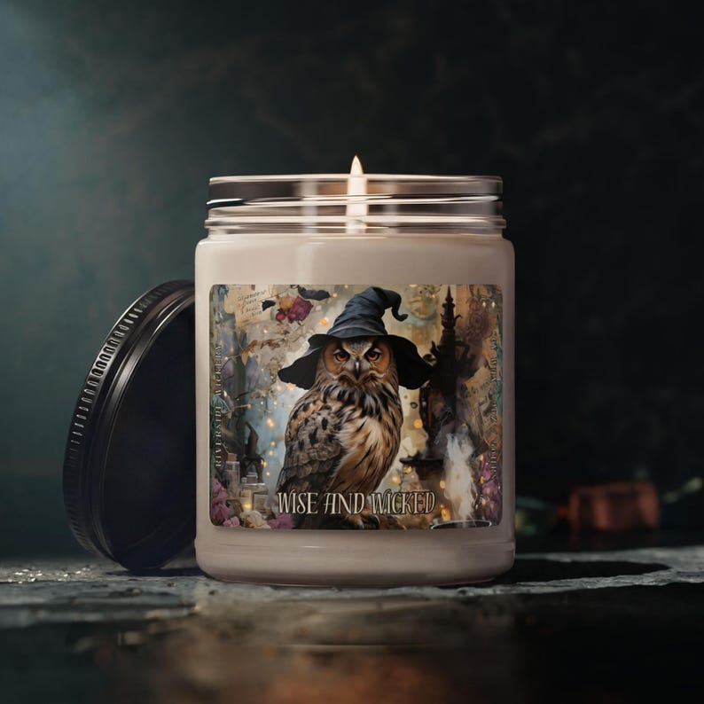 Witchy Owl Halloween Candle, Mystical Owl Glass Jar Candle, Spooky Gothic Fall Decor, Enchanted Witch Gift