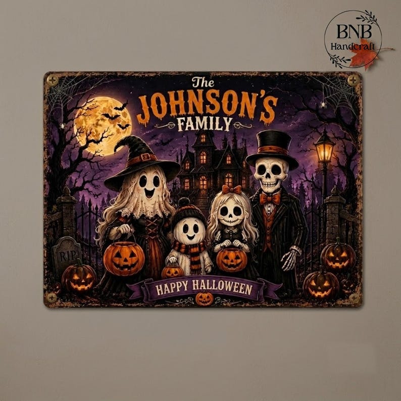 Personalized Halloween Family Metal Sign, Custom Family Name Halloween Decor, Spooky Ghost Skeleton Pumpkin Wall Art, Halloween Porch Sign, Family Gift