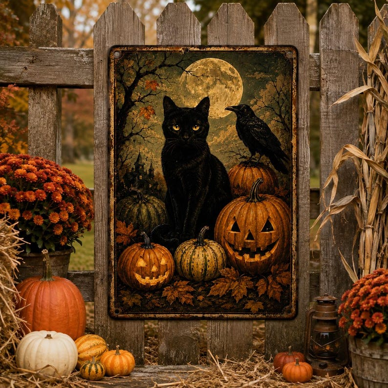 🌙 Moonlit Feline & Crow Metal Plaque, Rustic Autumn Jack O' Lantern Decor, Halloween Cat Wall Sign