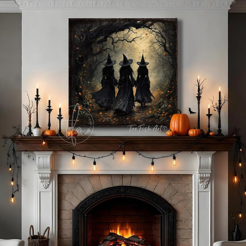 Vintage Witches Halloween Metal Sign – Creepy Forest Decor, Rustic Farmhouse Fall Wall Art, Spooky Autumn Plaque