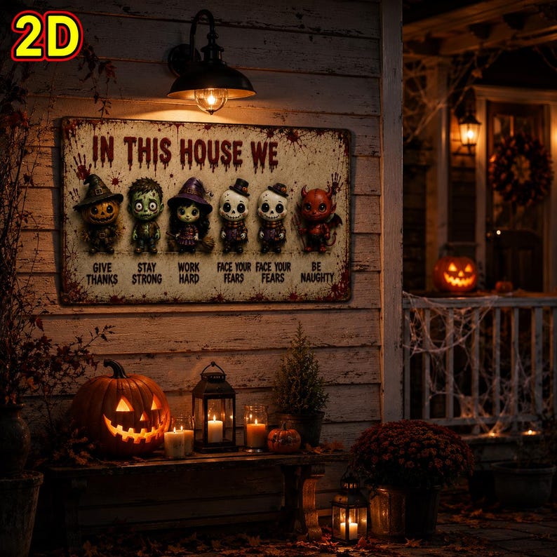 2D Halloween Metal Sign, Vintage Spooky Wall Decor, Horror Family Rules Plaque, Rustic Halloween Door Sign, Haunted House Decoration