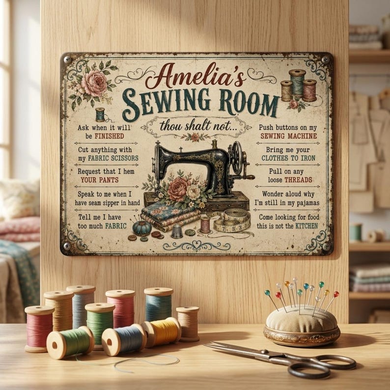 Personalized Sewing Room Thou Shalt Not Metal Sign – Vintage Seamstress Decor, Quilting Rules Wall Art, Retro Tailor Gift