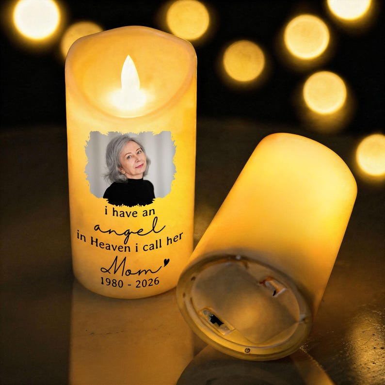 Personalized Mom Memorial LED Candle, Custom In Loving Memory Candle for Loss of Mother, Remembrance Photo Candle, Sympathy Gift, Memorial Keepsake