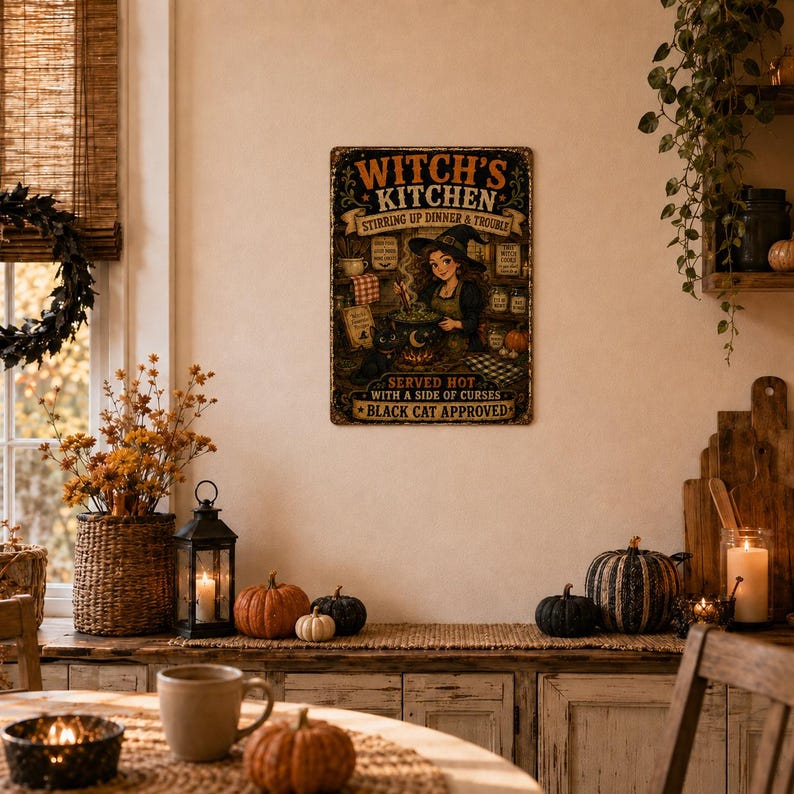 🧙‍♀️ Funny Witch Kitchen Metal Sign, Vintage Halloween Wall Decor, Black Cat Art, Spooky Kitchen Sign