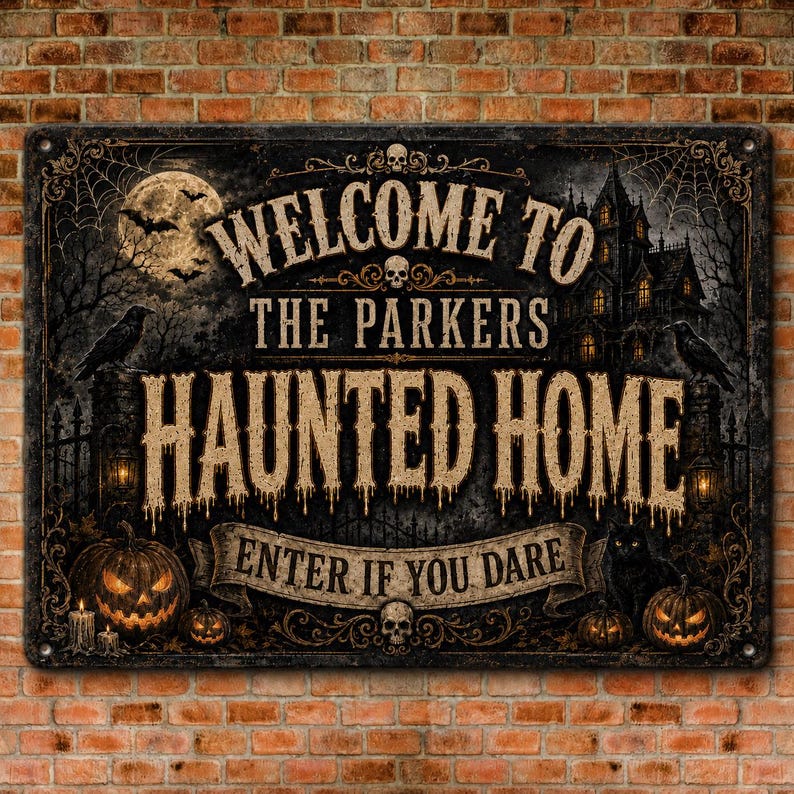 Personalized Welcome to Our Haunted Home Metal Sign – Custom Family Name Halloween Decor, Spooky Outdoor Wall Plaque