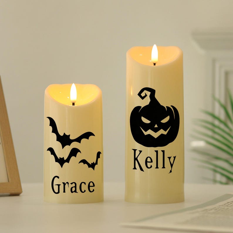 Personalized Halloween LED Candle, Bat and Pumpkin Name Candle, Flameless Spooky Decor,Custom Halloween Gift, Autumn Decor, Party Decoration