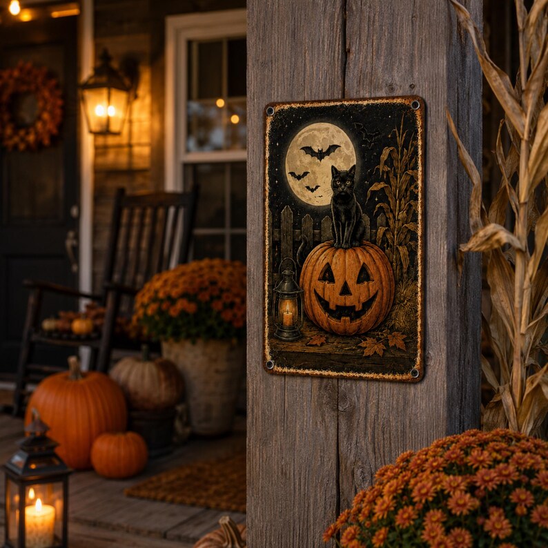 Halloween Black Cat Metal Sign – Vintage Pumpkin Wall Decor, Spooky Moon & Bat Porch Decor, Fall Outdoor Plaque (Copy)