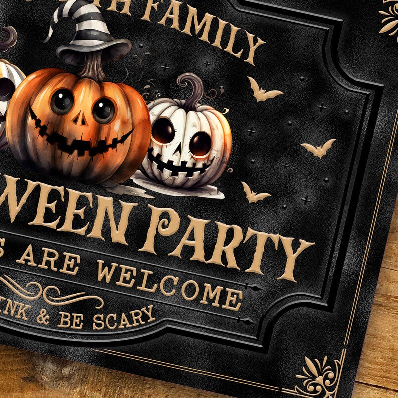 Personalized Halloween Party Metal Sign – Custom Family Pumpkin Wall & Door Decor, Vintage Retro Tin Plaque, Spooky Party Sign