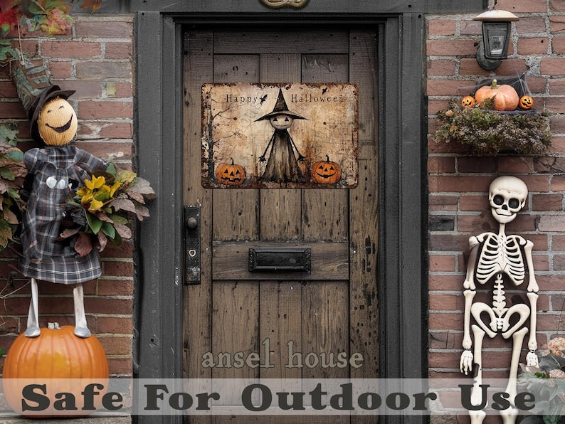 Primitive Halloween Metal Sign, Rustic Witch & Pumpkin Porch Decor, Distressed Vintage Halloween Wall Art, Cottagecore Outdoor Sign