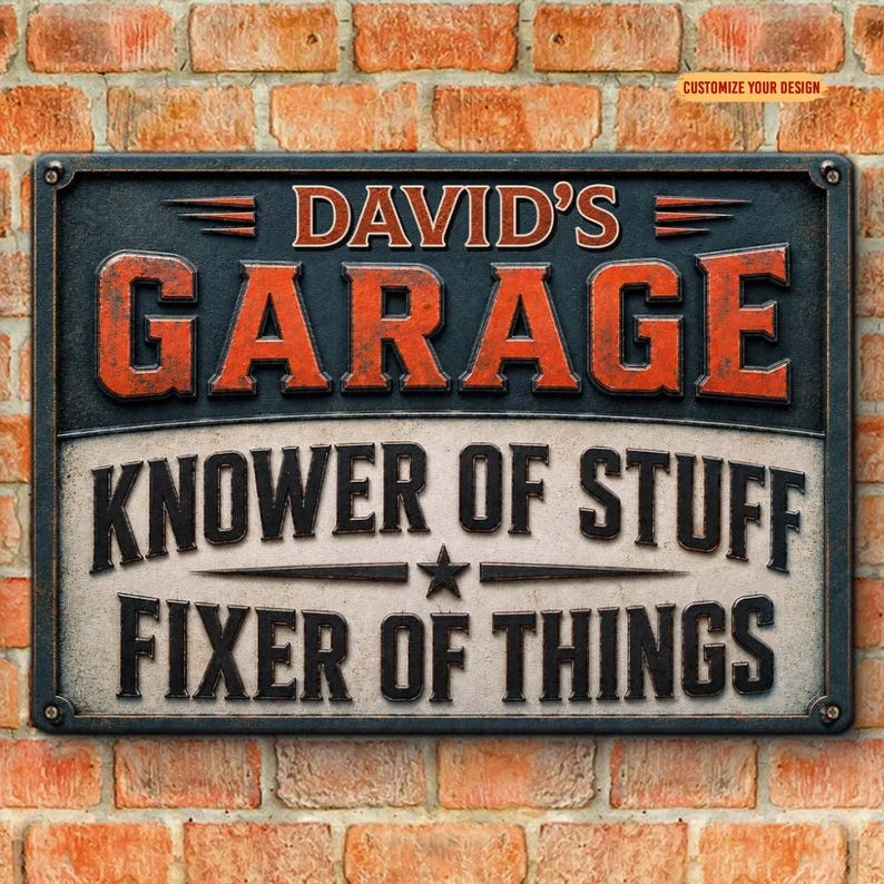 Personalized Knower of Stuff Fixer of Things Metal Sign – Custom Name Garage Decor, Funny Workshop Wall Art, Gift for Him