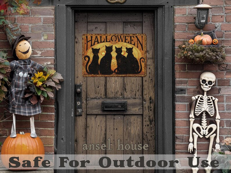 Primitive Halloween Metal Sign | 4 Black Cats & Pumpkin Rustic Outdoor Door Decor