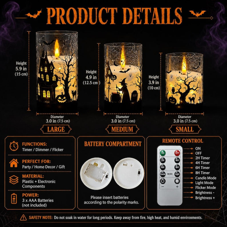 Halloween LED Candle Lantern, Flameless Flickering Candle with Remote & Timer, Spooky Haunted House Decor, Pumpkin Witch Ghost Table Light (Copy)