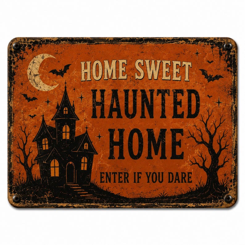 Vintage Halloween Metal Sign – Haunted House Porch Decor, Spooky Wall Plaque, Rustic Fall Home & Outdoor Decoration
