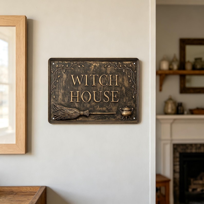 Witch House Vintage Metal Sign, Funny Halloween Wall Decor, Witchy Porch Sign, Spooky Garage Bar Decor, Woman Cave Garden Sign, Halloween Gift