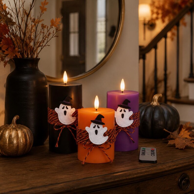 Halloween LED Candle , Ghost Flameless Candles with Remote, Black Orange Purple Paraffin Wax Pillar Candles, Spooky Decor