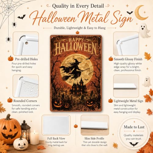 Witchy Metal Sign, Vintage Halloween Wall Decor, Moonlit Night Witch Art, Gothic Spooky Home Decoration, Rustic Halloween Sign