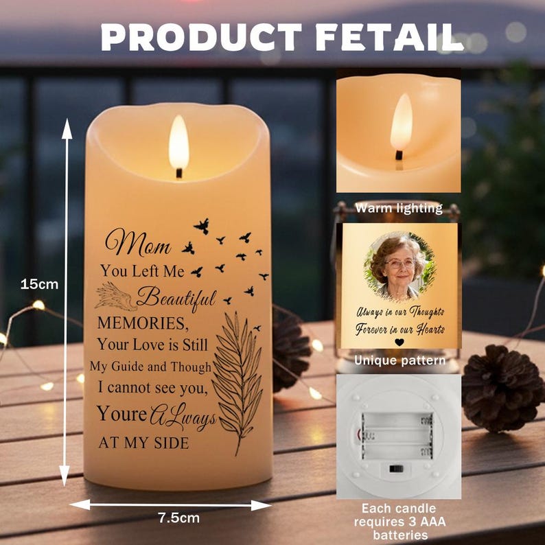 Personalized Memorial LED Candle with Photo, Custom Picture Remembrance Light, In Loving Memory Flameless Candle, Sympathy Gift for Mom Dad, Christmas Keepsake