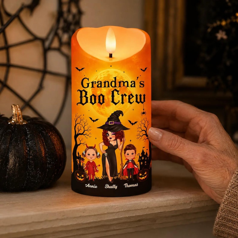 Personalized Grandma Boo Crew LED Candle , Grandkids Name Ghost Halloween Flameless Decor Gift